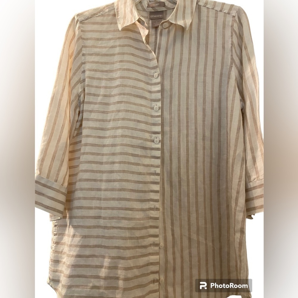 Chicos  linen tunic shirt, size 0, traditional size M, cream and beige stripes.